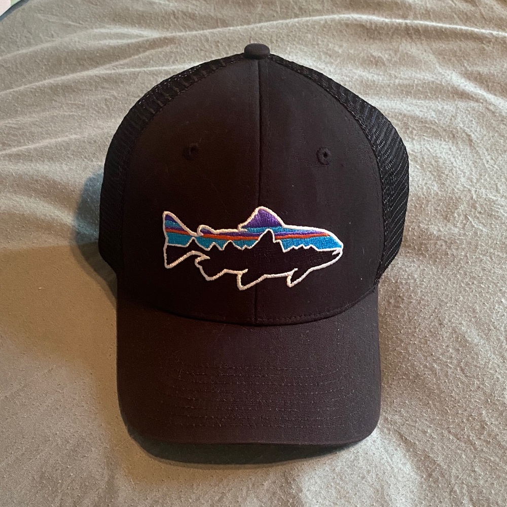 Patagonia Black Trucker Hat with Blue and Purple Fish Patch